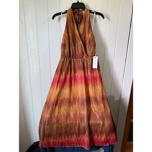 Siena Women Orange Pink Ikat Metallic Halter Maxi Dress Size 6 NWT